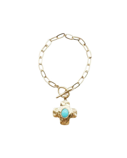 Hammered Cross Stone Center Gold Paperclip Chain Toggle Bracelet