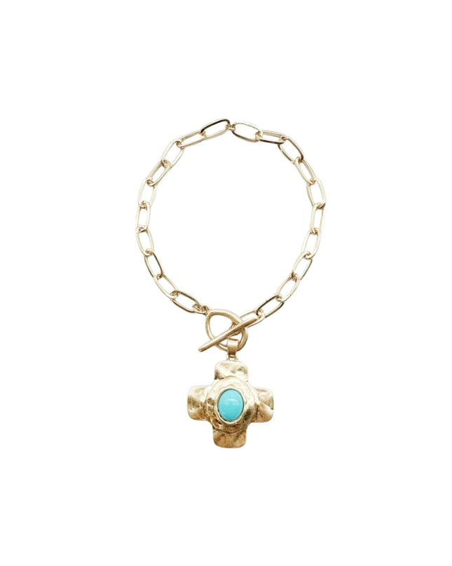 Hammered Cross Stone Center Gold Paperclip Chain Toggle Bracelet