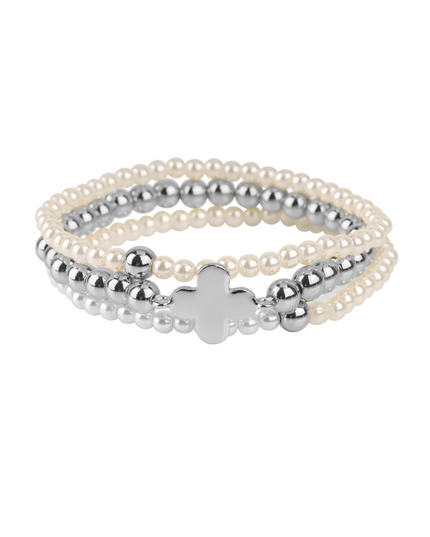 Metal Quatrefoil Clover Pearl Ball Bead 3 Bracelet Set