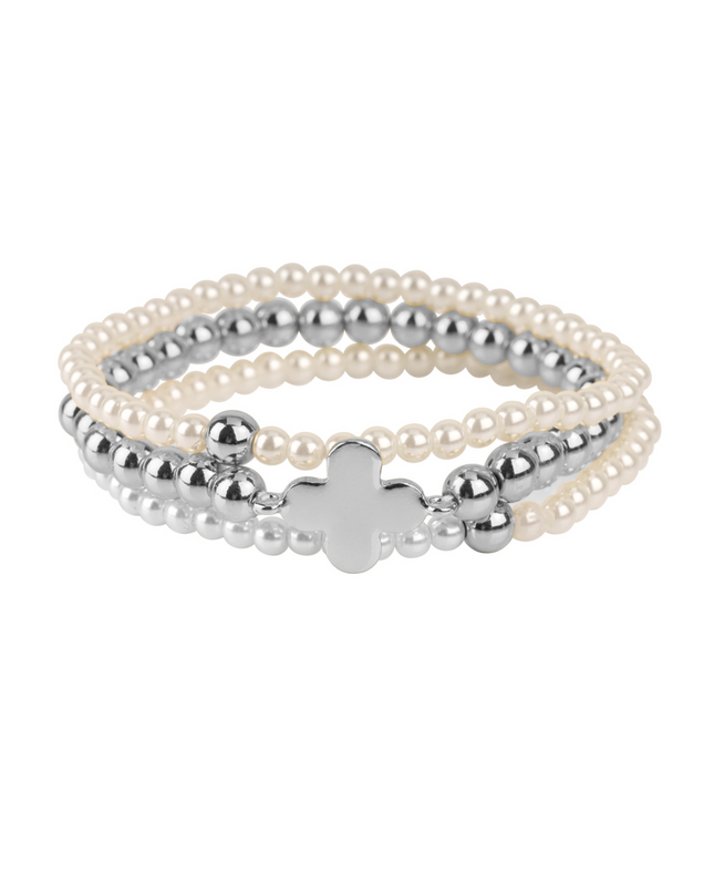 Metal Quatrefoil Clover Pearl Ball Bead 3 Bracelet Set