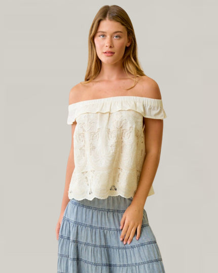 Palm Tree Embroidered Off Shoulder Top