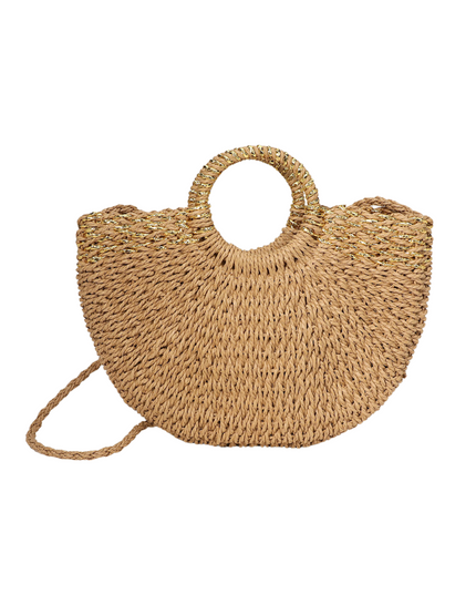 Gold Detail Weave Round Handle Straw Handbag Crossbody Bag
