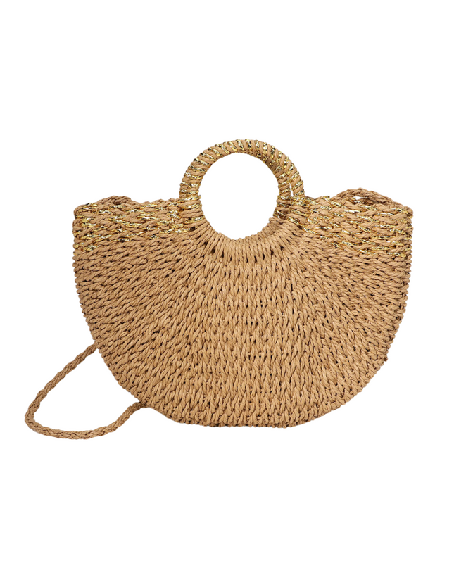 Gold Detail Weave Round Handle Straw Handbag Crossbody Bag