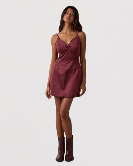 Suede Scallop Cut V Neck Mini Dress