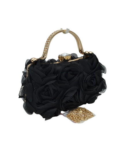 Sheer Flowers Gold Rhinestone Handle Clutch Bag
