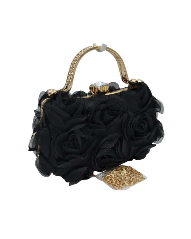 Sheer Flowers Gold Rhinestone Handle Clutch Bag