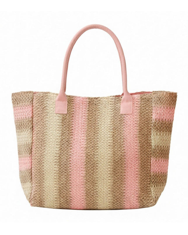 Natural Multi Color Stripe Straw Large Tote Bag