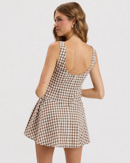 Checkered Print Boat Neck Sleeveless Mini Dress