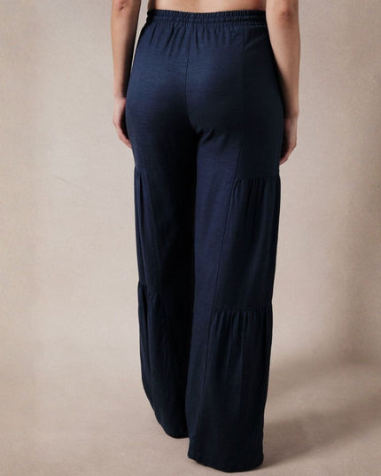 Linen Paneled Tiered Elastic Tie Waist Pants