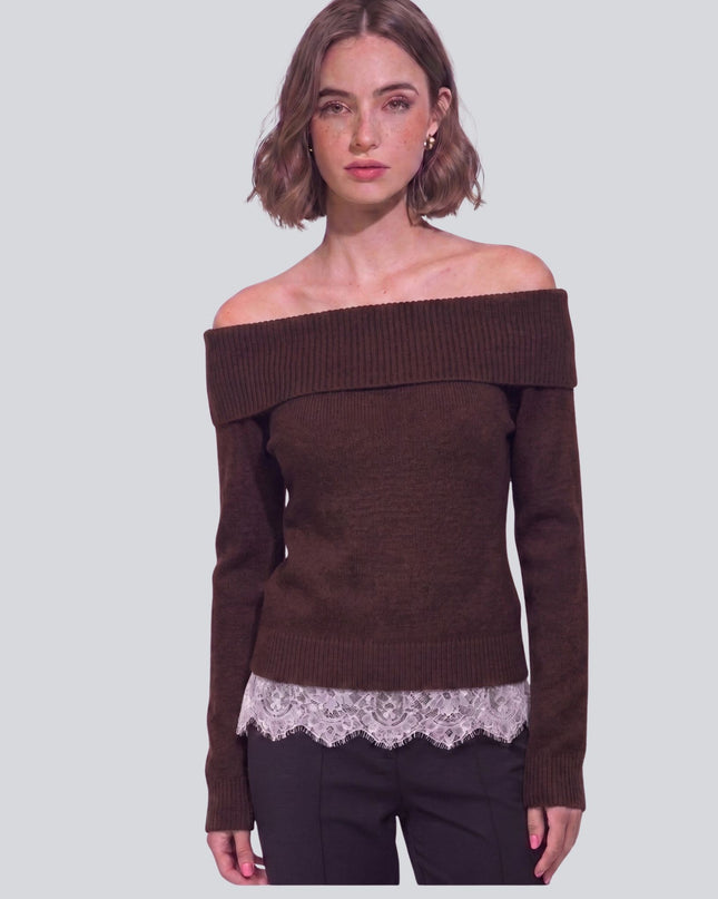 Ribbed Off Shoulder Lace Hem Sweater