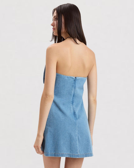 Bow Detail Denim Sleeveless Tube Mini Dress