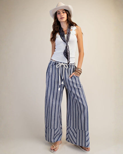 Vertical Stripe Wide Leg Elastic Waist Tassel Rope Belt Palazzo Pants