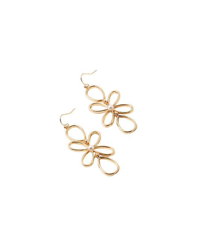 Pearl Center Metal Flower Teardrop Earrings