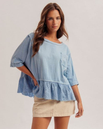 Lace Ruffle Loose Fit Short Sleeve Top