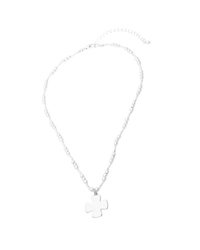 Brushed Hammered Metal Cross Pendant Beaded Chain Necklace