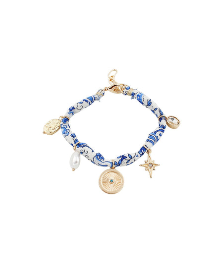 Blue White Fabric Star Pearl Disc Charm Station Bracelet