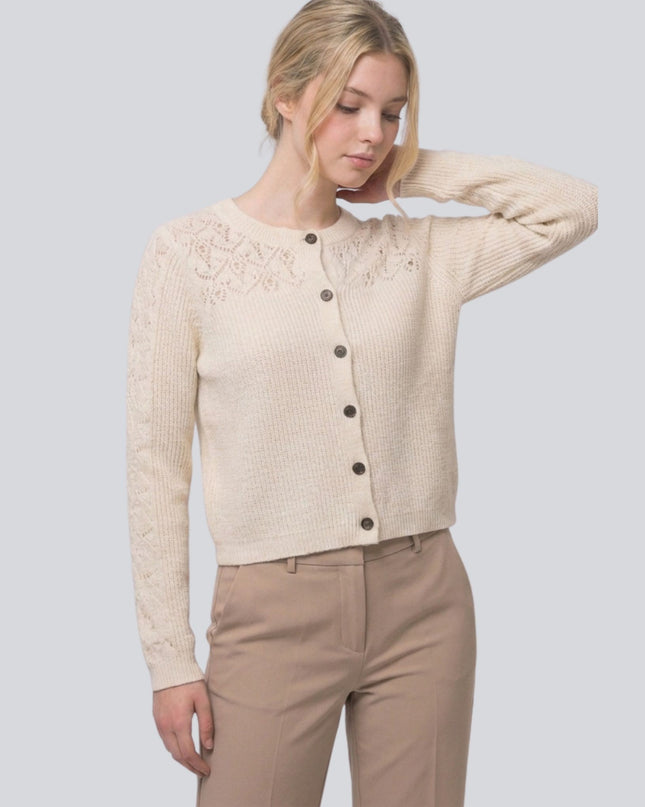 Pointelle Knit Sleeve Contrast Ribbed Button Down Cardigan Sweater