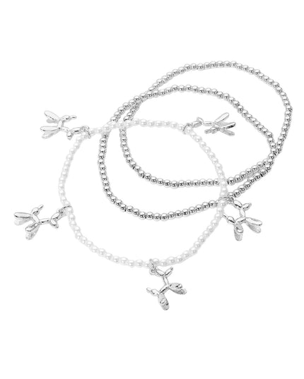 Balloon Dog Charm Metal Ball Pearl Bead 3 Layered Bracelets