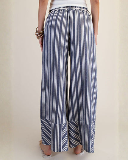 Vertical Stripe Wide Leg Elastic Waist Tassel Rope Belt Palazzo Pants