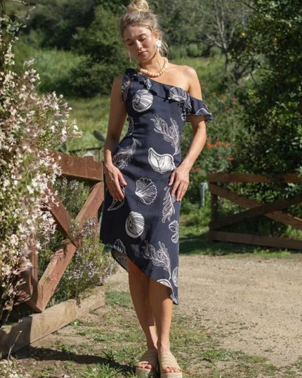 Seashell Printed Ruffle One Shoulder Asymmetrical Midi Dress