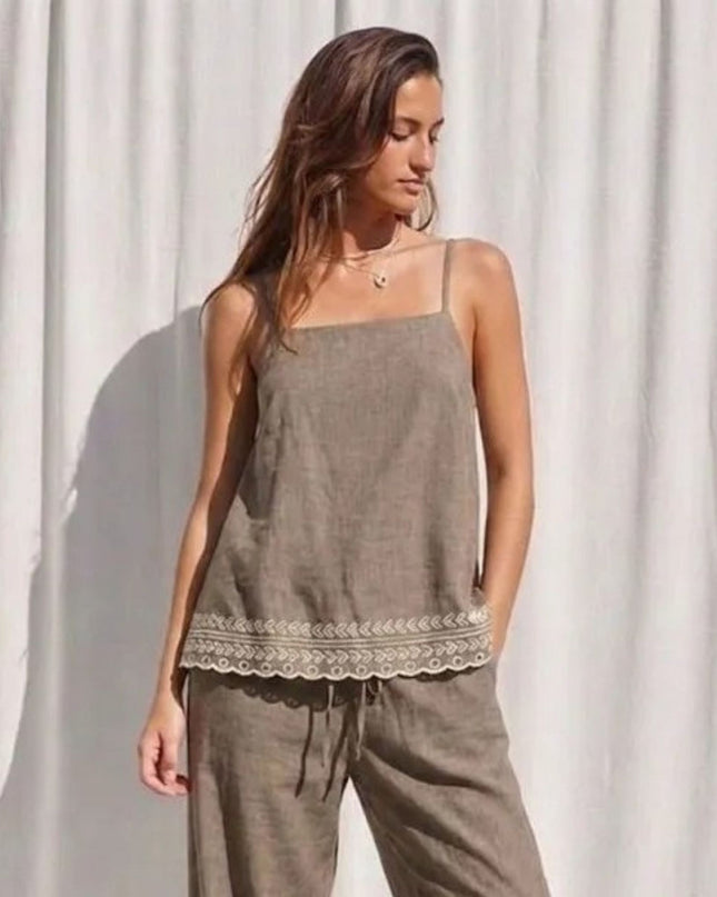Side Button Embroidered Hem Spaghetti Strap Tie Back Top
