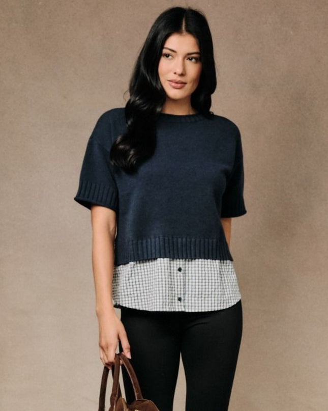 Contrast Knit Plaid Button Front Blouse Trim Short Sleeve Sweater