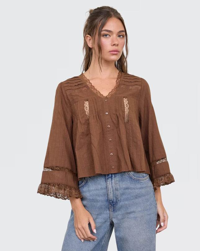 Textured Stripe Lace Trim Pleated Button Down 3/4 Sleeve Top