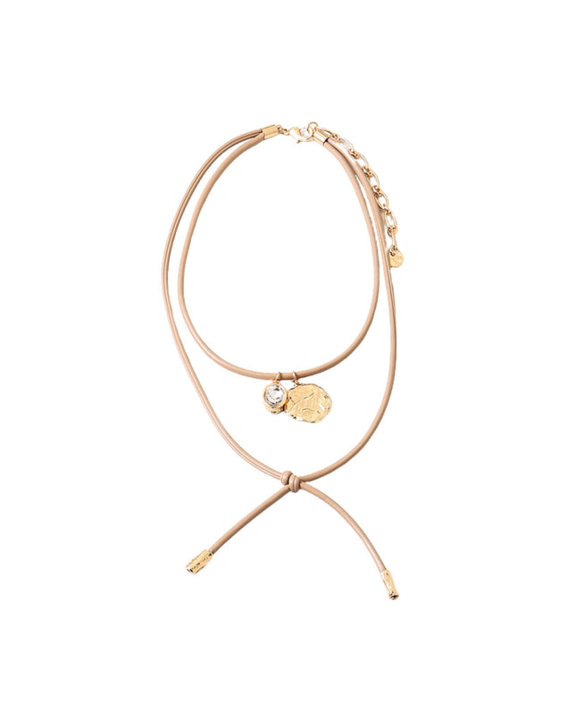 Gold Tip Hammered Disc Oval CZ Charm Wrap Around Cord Necklace