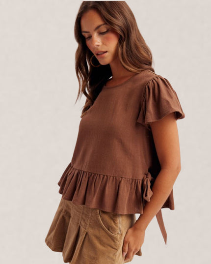 Scoop Neck Flutter Short Sleeve Side Slit Ribbon Tie Detail Top