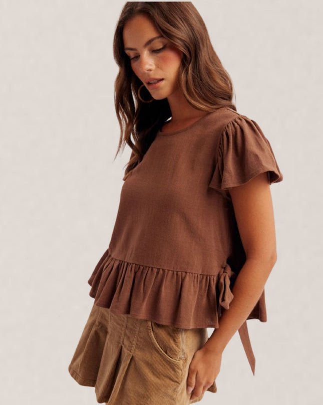 Scoop Neck Flutter Short Sleeve Side Slit Ribbon Tie Detail Top
