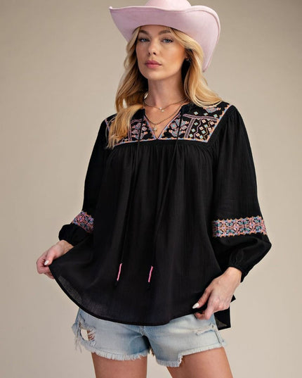 Embroidered Long Sleeve Gauze Baby Doll Top