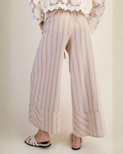 Vertical Stripe Wide Leg Elastic Waist Tassel Rope Belt Palazzo Pants