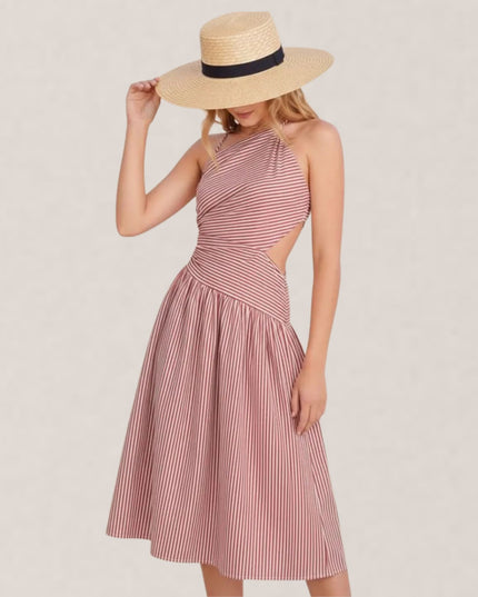 Striped Asymmetrical Cut Tie Back Midi Dress