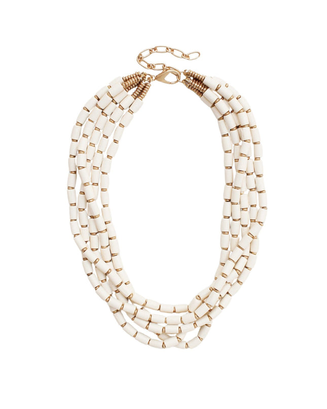 Rectangle Wood Bead Gold Metal Beaded 5 Layered Necklace