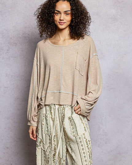 Round Neck Chest Pocket Long Sleeve Top