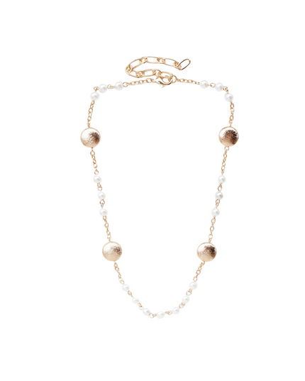 Spaced Triple Pearl Flat Metal Round Bead Chain Necklace