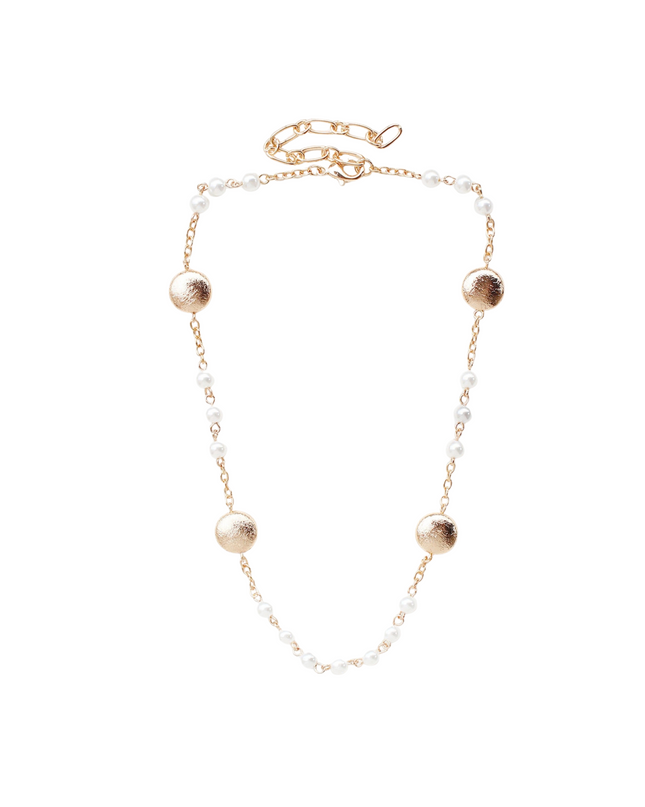 Spaced Triple Pearl Flat Metal Round Bead Chain Necklace