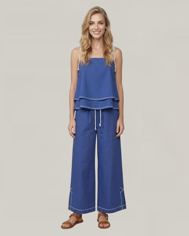 Contrast Stitch Striped Rope Tie Elastic Waist Wide Leg Pants