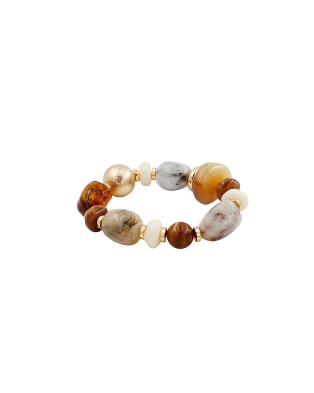 Matte Gold Ball Mixed Natural Stones Beaded Stretchable Bracelet