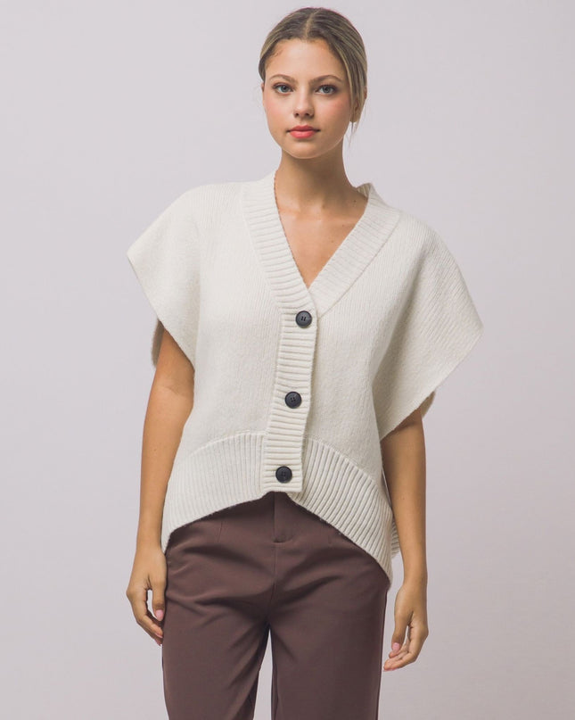 Ribbed Trim Sleeveless 3 Button Down Cardigan Sweater