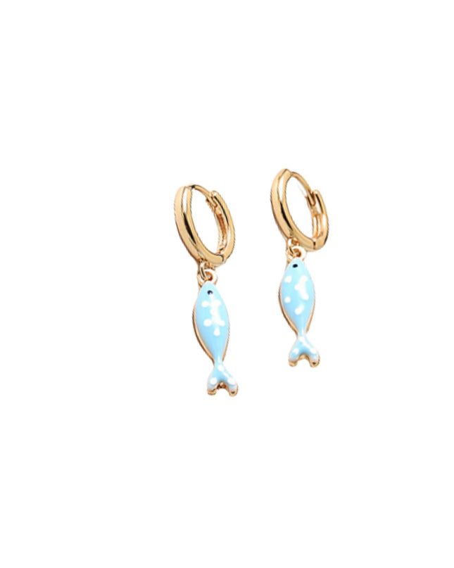 Polka Dot Fish Charm Gold Hoop Earrings