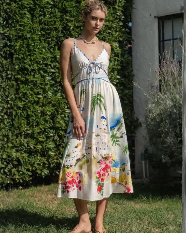 Vibrant Scenic Print Front Tie Spaghetti Strap Midi Dress