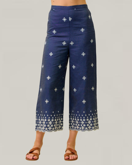 Scallop Embroidered Back Elastic Waist Chambray Pants