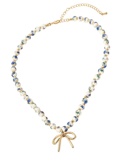 Metal Bow Blue Floral Ceramic Pendant Beaded Necklace