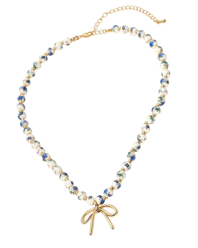 Metal Bow Blue Floral Ceramic Pendant Beaded Necklace