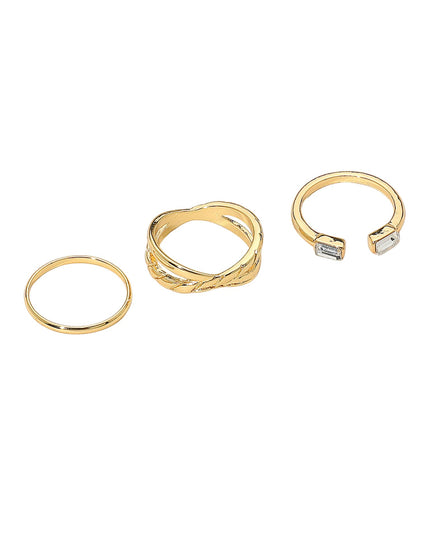 Baguette CZ Tip Criss Cross Thin Plain Band 3 Ring Set