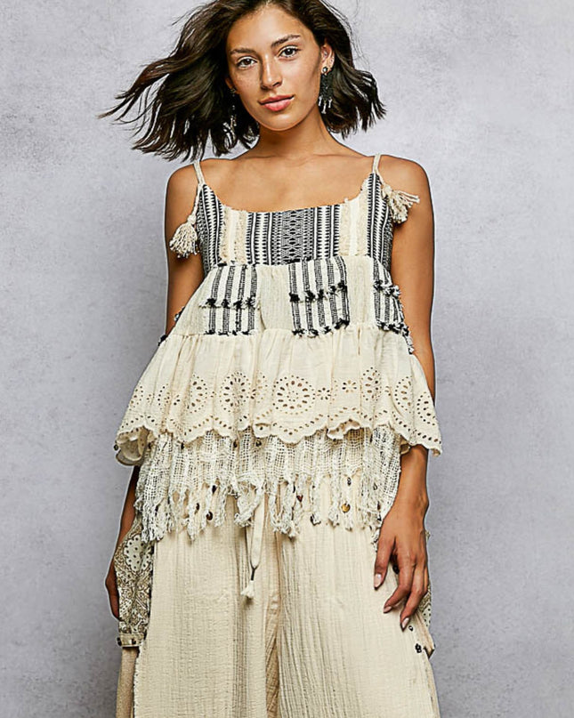 Contrast Eyelet Pattern Fringe Detail Spaghetti Strap Top