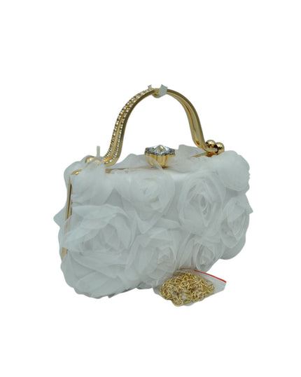 Sheer Flowers Gold Rhinestone Handle Clutch Bag