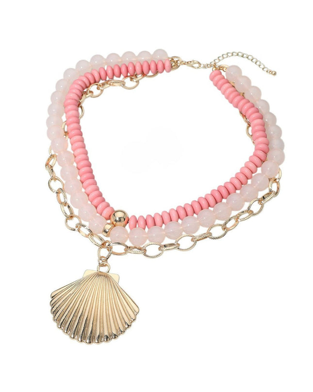 Bold Seashell Pendant Layered Beaded Gold Chain Statement Necklace