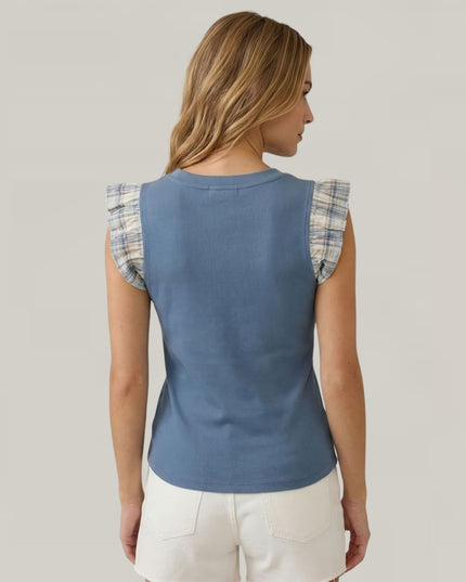 Contrast Plaid Ruffle Sleeveless Ribbed Top